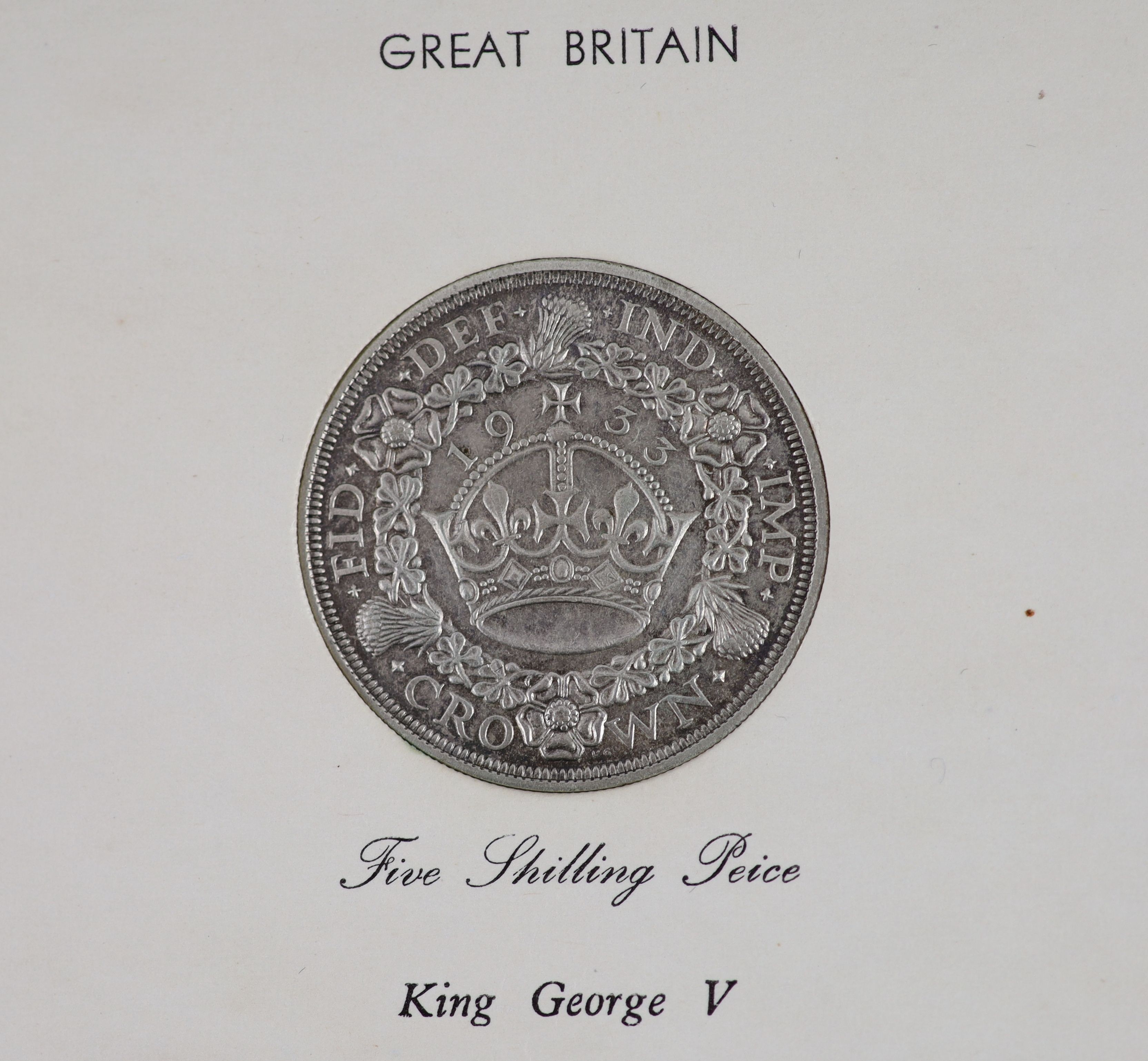 A George V specimen set of nine coins, 1933, fourth coinage, comprising Crown, (S4036), lightly toned, near EF, halfcrown, florin, sixpence and threepence, cleaned otherwise good EF/UNC, shilling, cleaned good VF/EF, pen